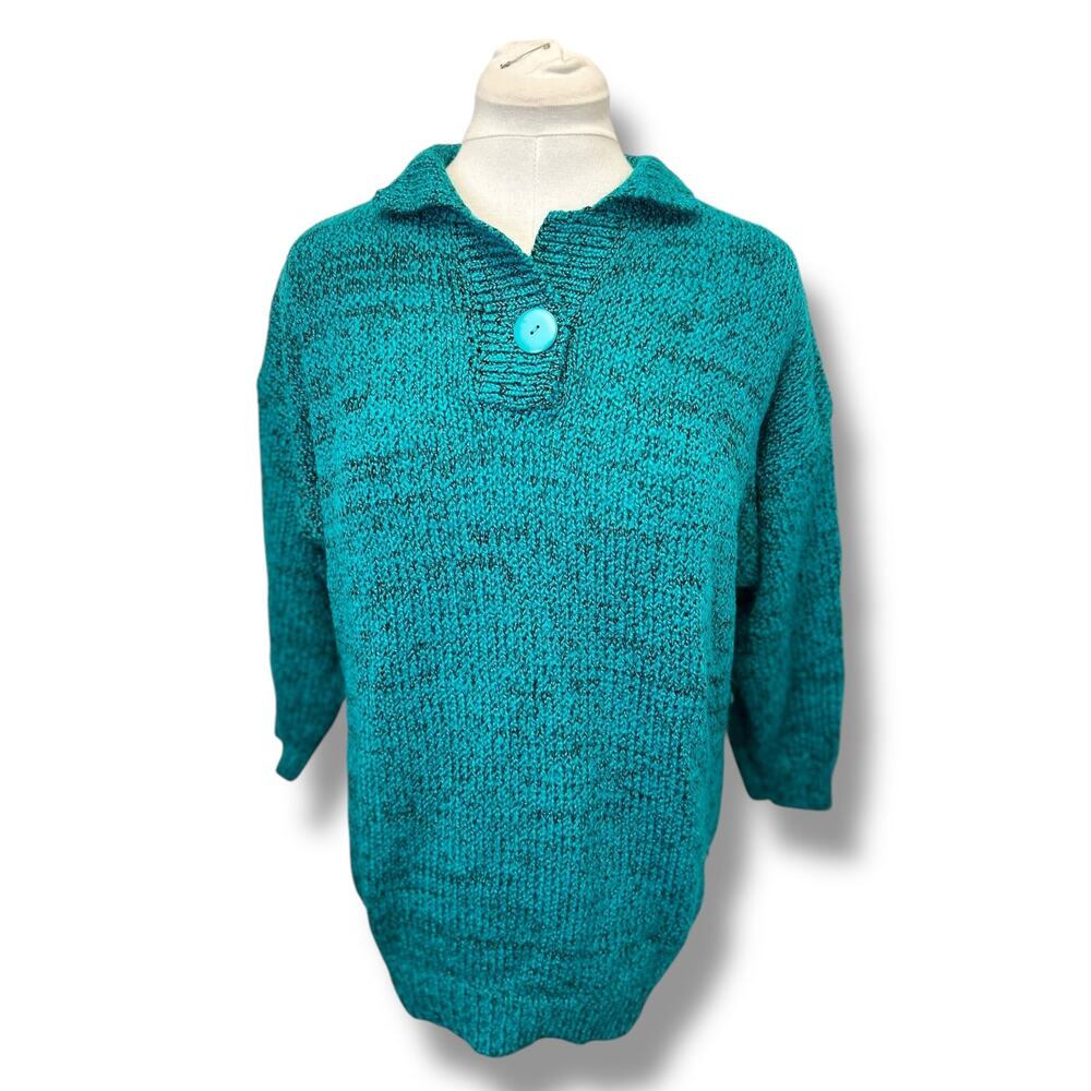 Color Packed Women’s Chunky Knit Collared Sweater VTG 80s Normcore Teal 18W